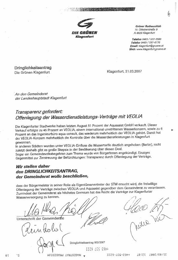 Dringlichkeitsantrag der Klagenfurter Grünen vom 27. März 2007