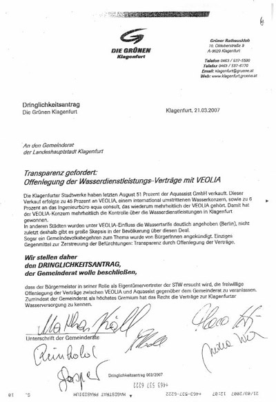 Dringlichkeitsantrag der Klagenfurter Grünen vom 27. März 2007